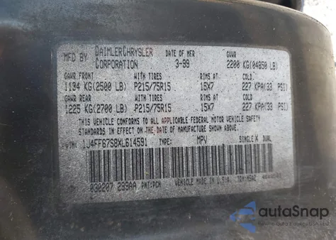 1999 Jeep Cherokee Sport из США, поврежденный, VIN 1J4FF67S8XL614591